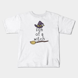 Cute Witch Hat and Broom Son of a Witch Halloween Kids T-Shirt